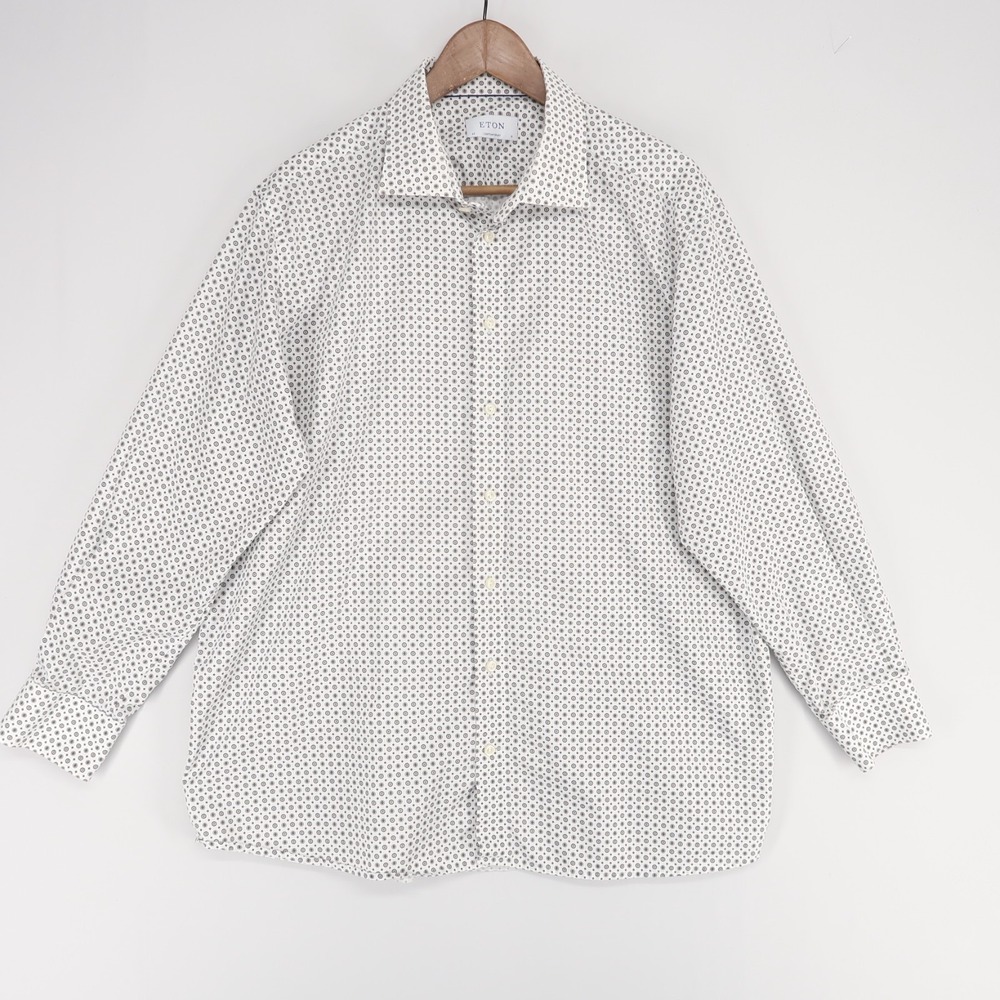 Eton Signature Twill Shirt Mens 46 18 White Gray Geometric‎ Contemporary Fit
